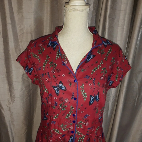 Raspberry Red Butterfly Button Front Midi Dress Joe Browns UK 14 Short Sleeve. - Picture 2 of 11